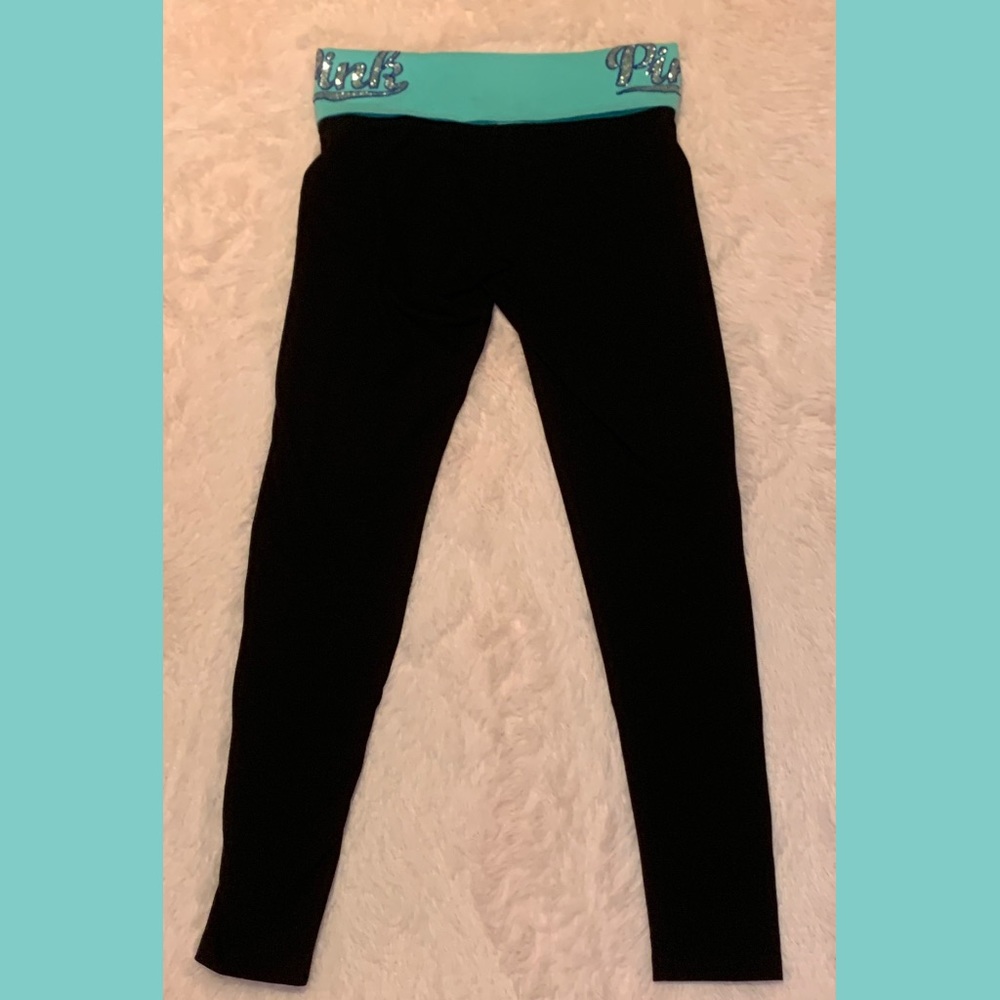 Victoria’s Secret Pink Bling Sequin Black Aqua Turquoise Yoga Leggings Tights - Picture 3 of 15